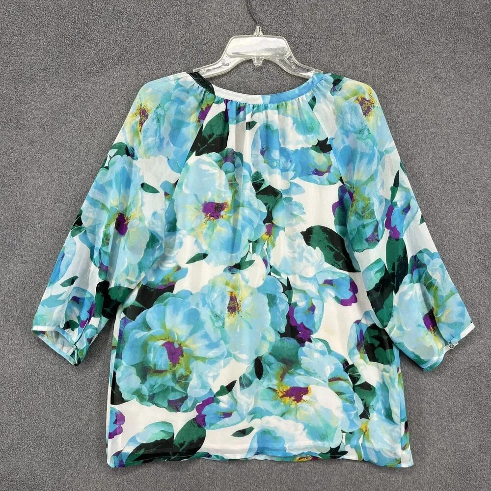 Calvin Klein Blouse Womens Medium Blue Floral Split Neck Chain Tassel Sheer‎ - Picture 13 of 16